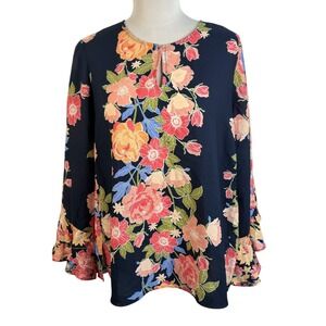 Fever Women's Floral Tunic Blouse Top Size‎ Large Bell Sleeve Blue Pink Boho